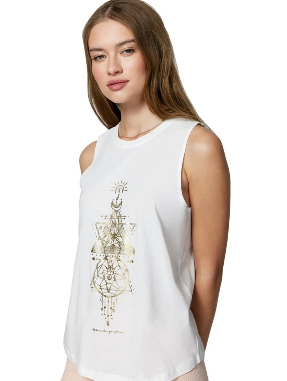 Spiritual Gangster White Tank with Metallic Gold Geometric Design Size Small - Picture 2 of 9